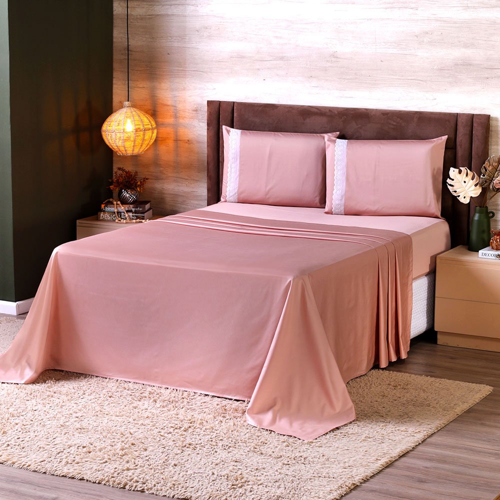 Jogo de Lençol King 100% Algodão 400 Fios 4 Peças Rose - Premium