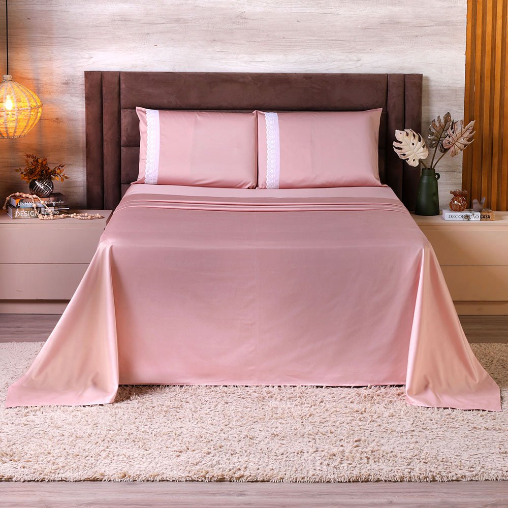Jogo de Lençol King 100% Algodão 400 Fios 4 Peças Rose - Premium