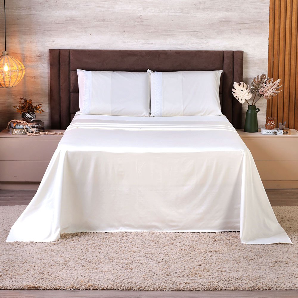 Jogo de Lençol Queen 100% Algodão 400 Fios 4 Peças Branco - Premium