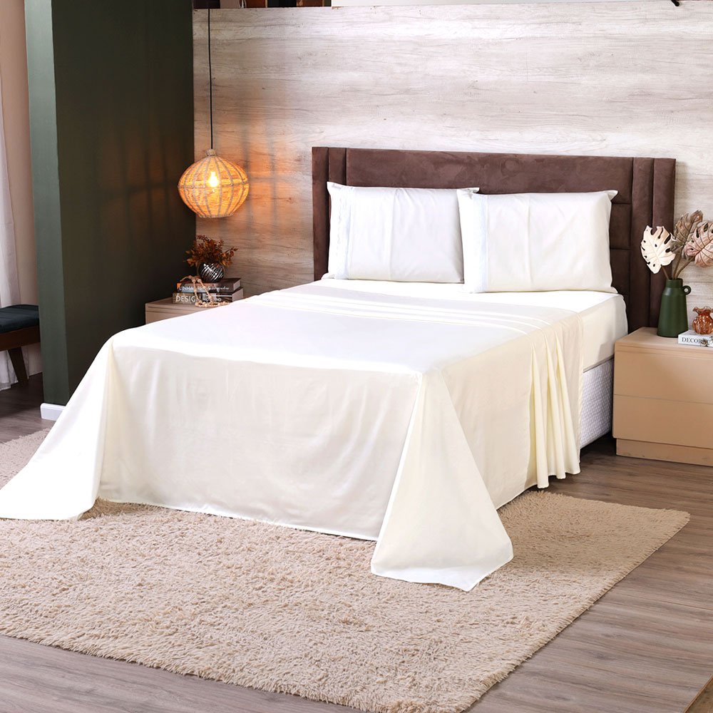 Jogo de Lençol Queen 100% Algodão 400 Fios 4 Peças Branco - Premium