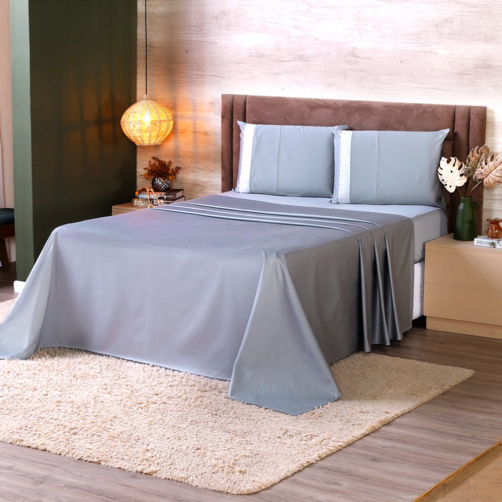 Jogo de Lençol King 100% Algodão 400 Fios 4 Peças Cinza - Premium ( LANÇAMENTO)