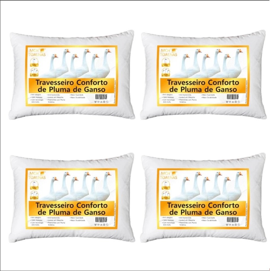 Kit 04 Travesseiros Toque de Pluma 50x70cm Lavável, Antiácaro, Antialérgico 